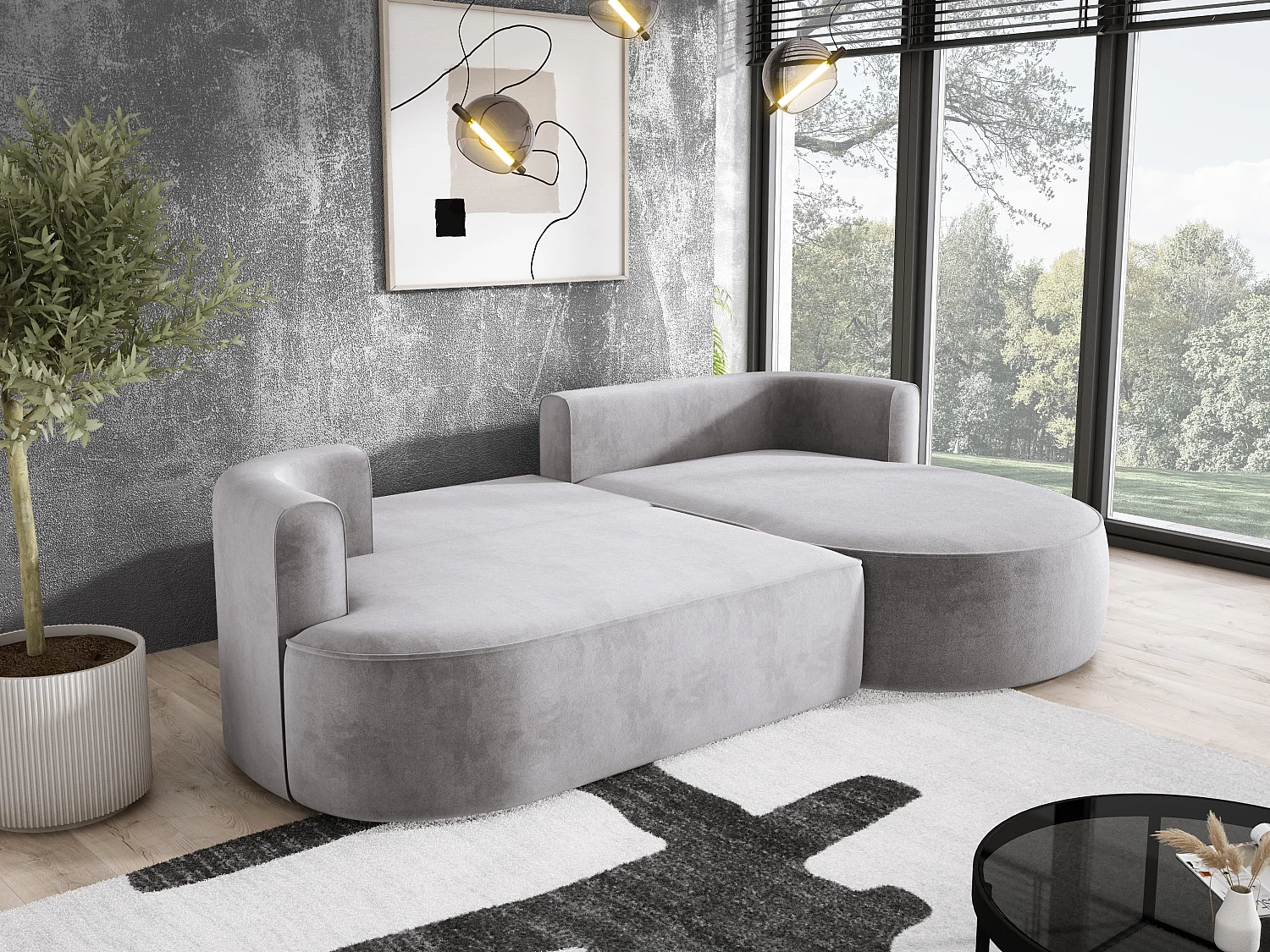 Nowoczesny rozkładany narożnik FIORE z funkcją spania, kanapa z automatycznym rozkładaniem, sofa, wersalka PRAWA 284x183x82cm Jasnoszary