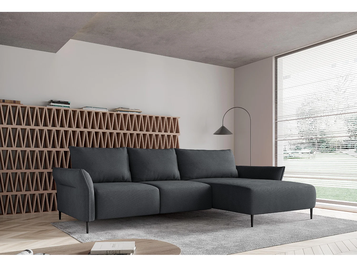 Hoekbank LUIS met bedfunctie - Moderne bank met opbergruimte 255x165 cm, Sofa Boxspring, Kleur donkergrijs, Links