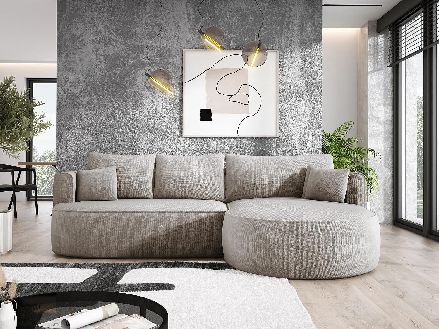 FIORE hoekbank - omvormbaar met automatische opening, high resilience foam, modern design, rechts 284x183x82 cm, beige