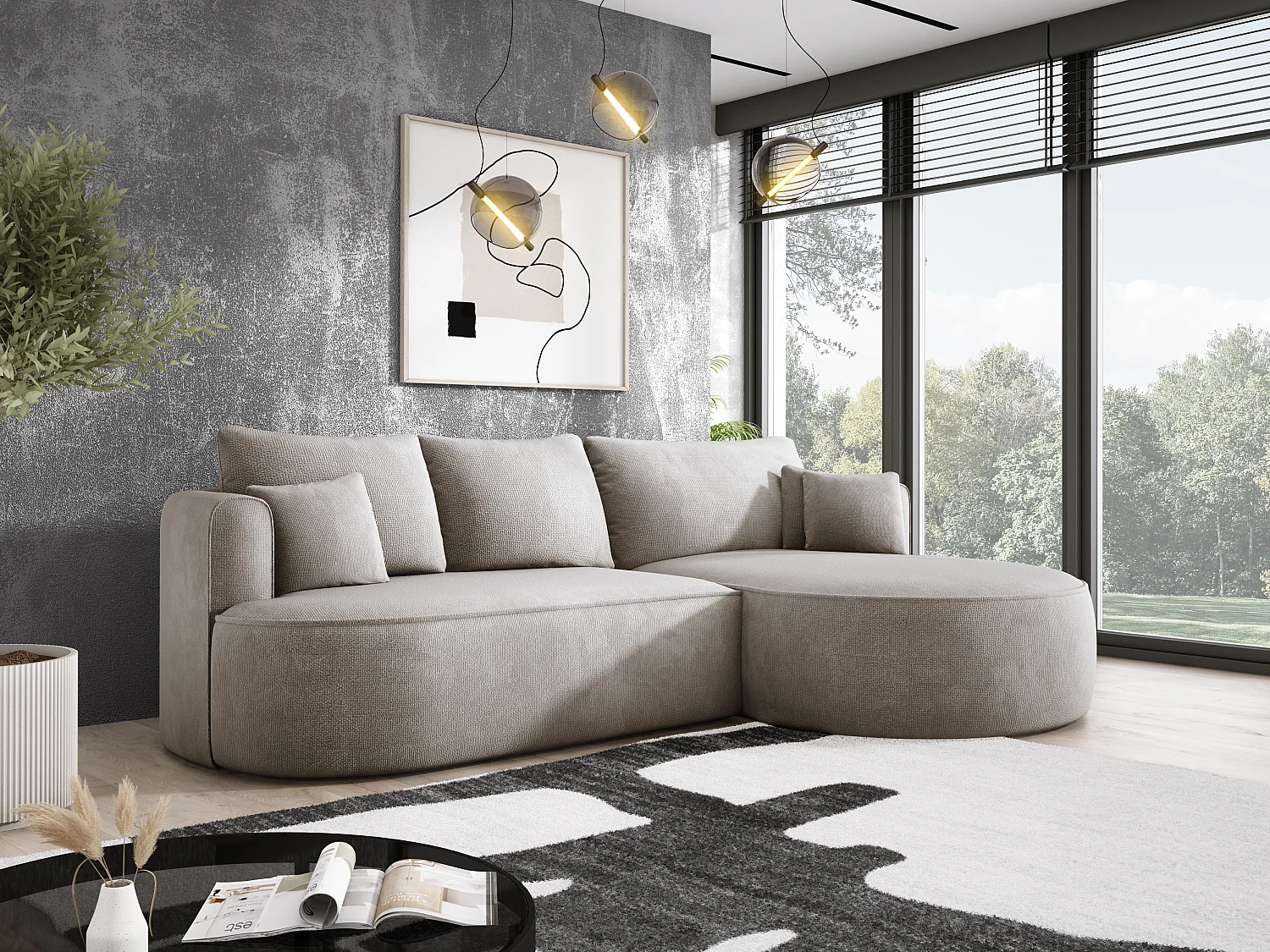 FIORE hoekbank - omvormbaar met automatische opening, high resilience foam, modern design, rechts 284x183x82 cm, beige