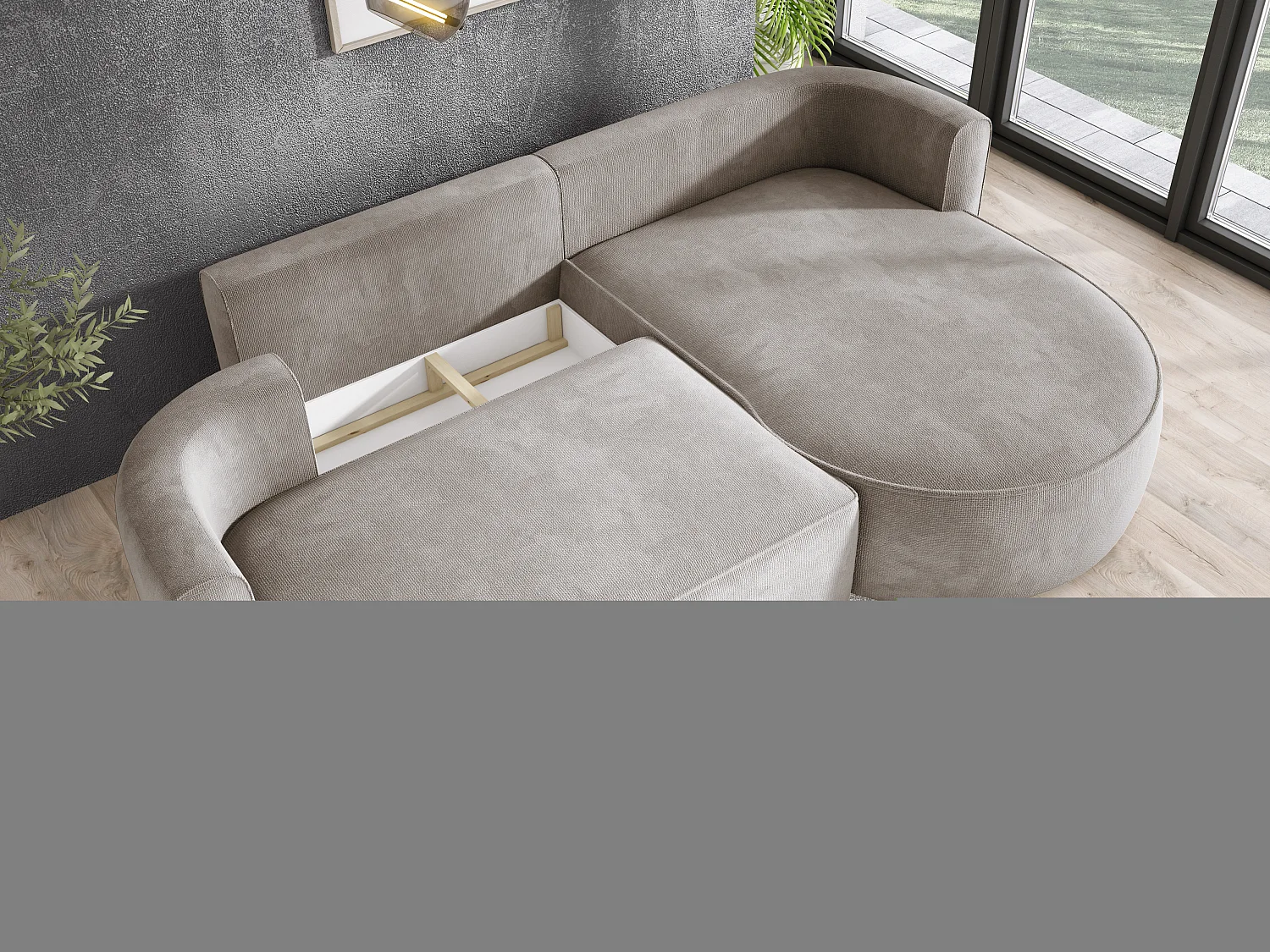 FIORE hoekbank - omvormbaar met automatische opening, high resilience foam, modern design, rechts 284x183x82 cm, beige