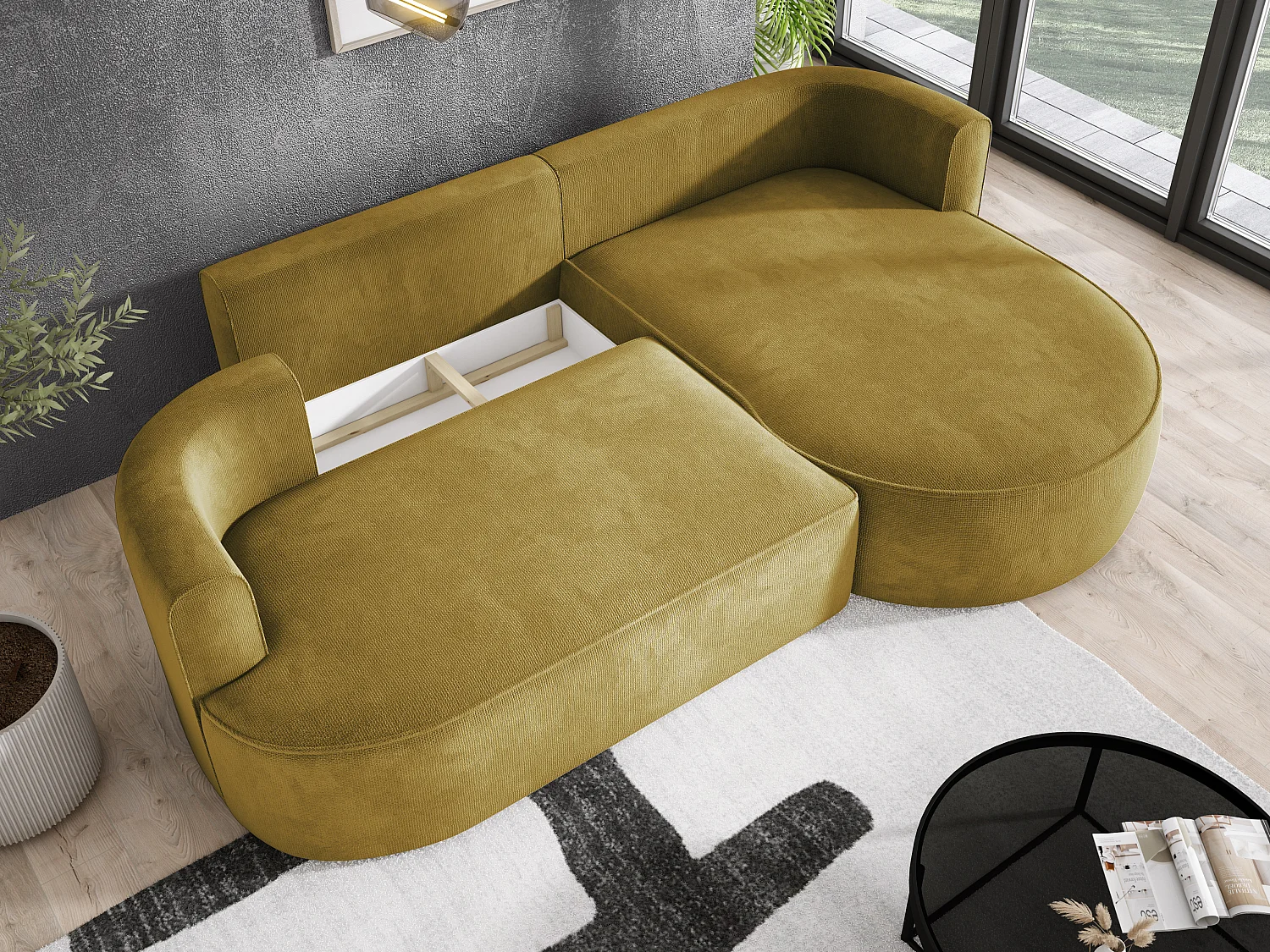 FIORE hoekslaapbank met automatische opening, liggend, rechts 284x183x82 cm, lichtgroen