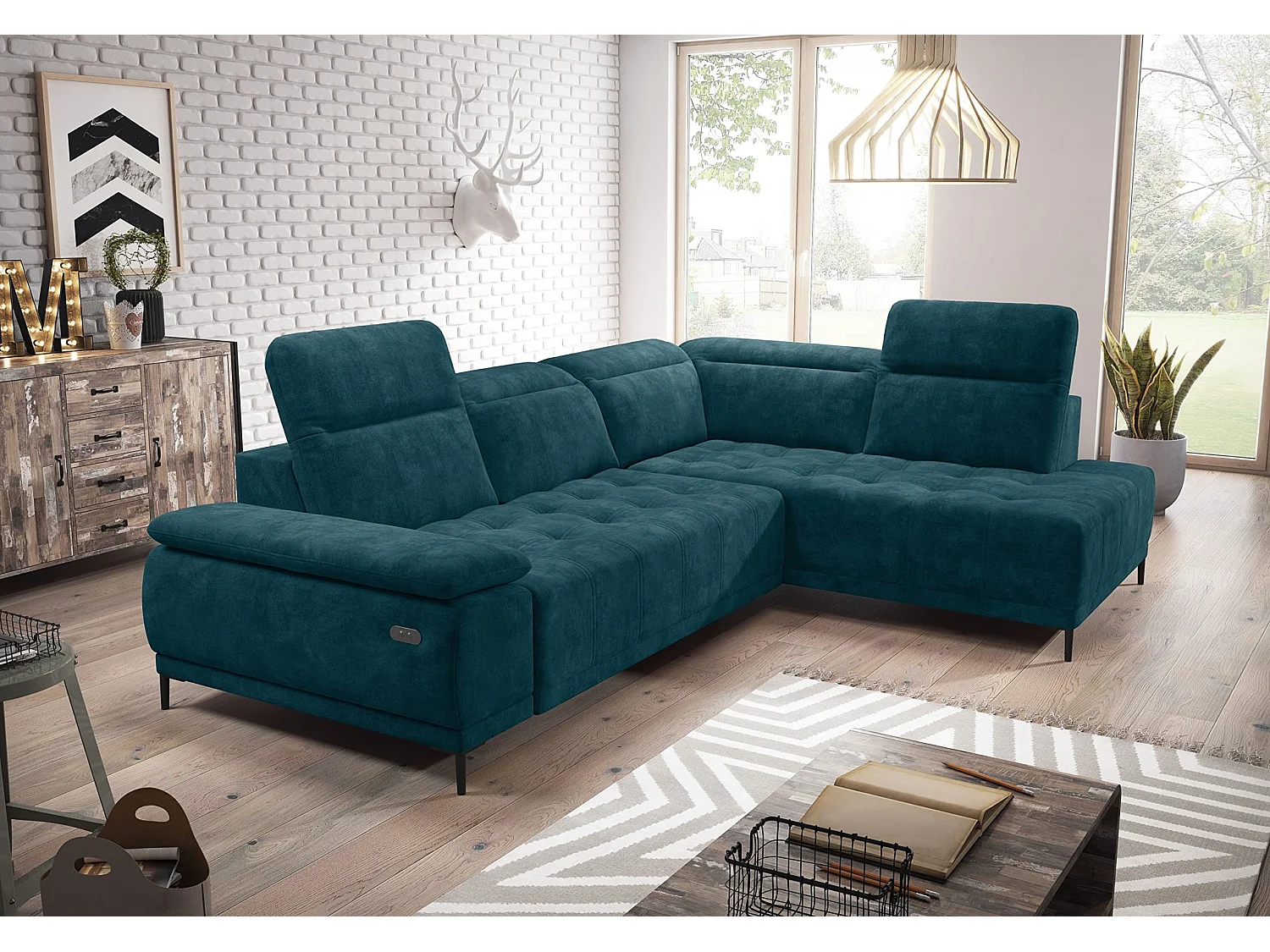 Ecksofa U FOCUS XL 352x204 cm, Modernes Design, Verstellbare Kopfstützen, Luxuriöser Samt, Option Bett, Elektrisch, Dunkelblau, Rechts