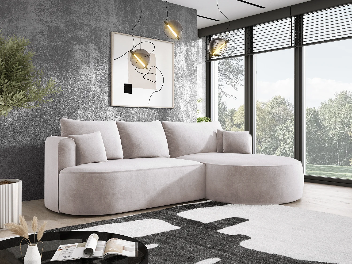 Moderne Ausziehbare Ecksofa FIORE Mit Schlaf-Funktion, Couch mit automatischer Auffaltung, Sofa, Schlafcouch RECHTS 284x183x82cm Schmutziges Weiß