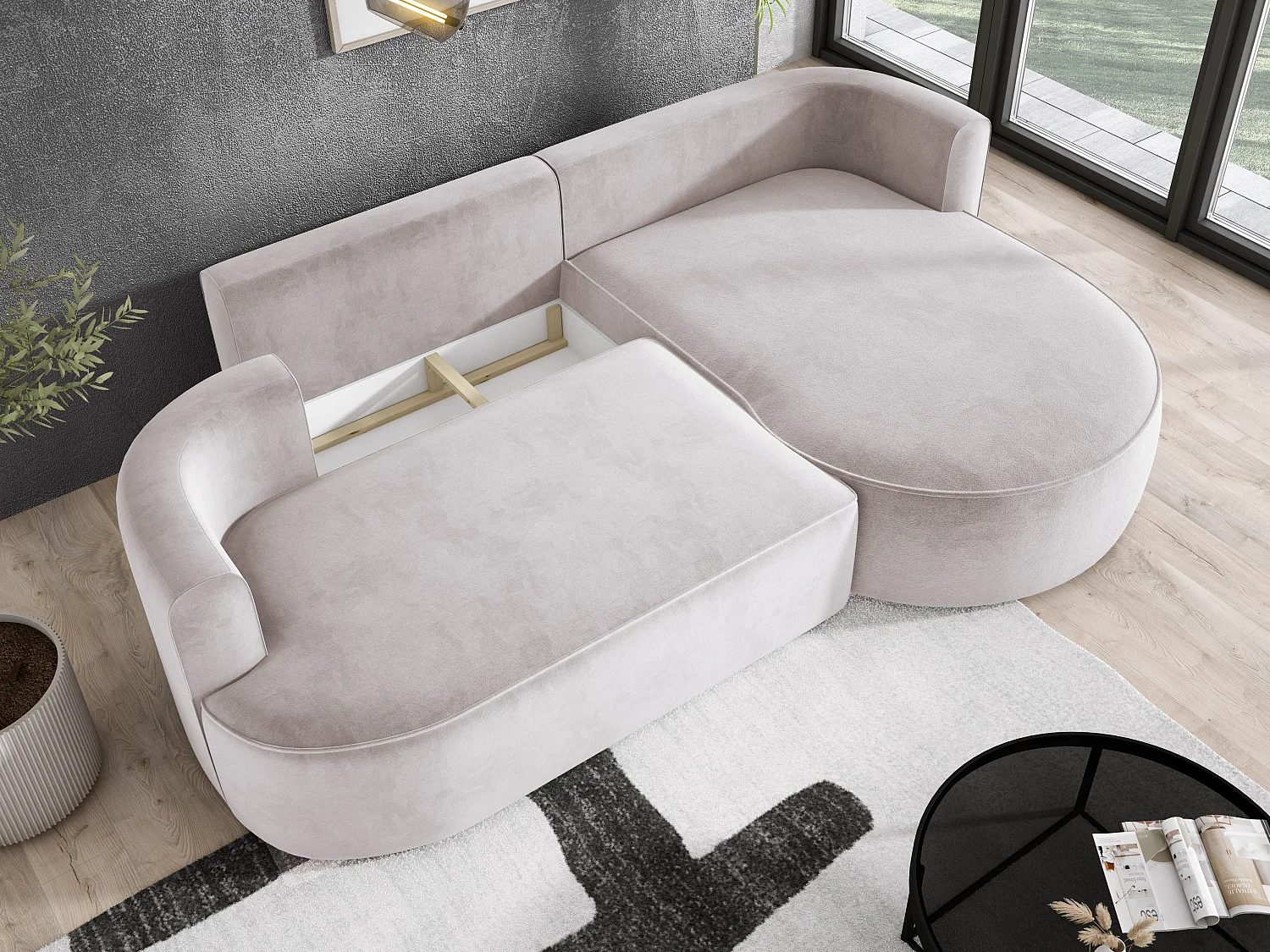 Moderne uitschuifbare hoekbank FIORE met slaapfunctie, bank met automatisch uitklappen, sofa, slaapbank RECHTS 284x183x82cm vuilwit