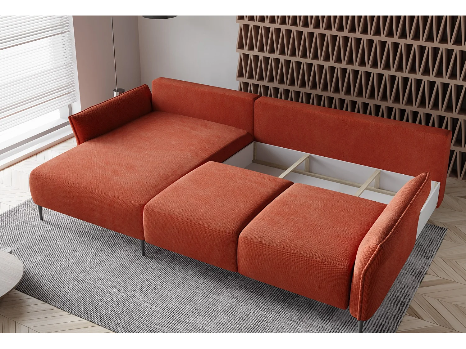 Narożnik LUIS z funkcją spania - Nowoczesny narożnik ze schowkiem 255x165 cm, Sofa Boxspring, Czerwony, Lewy