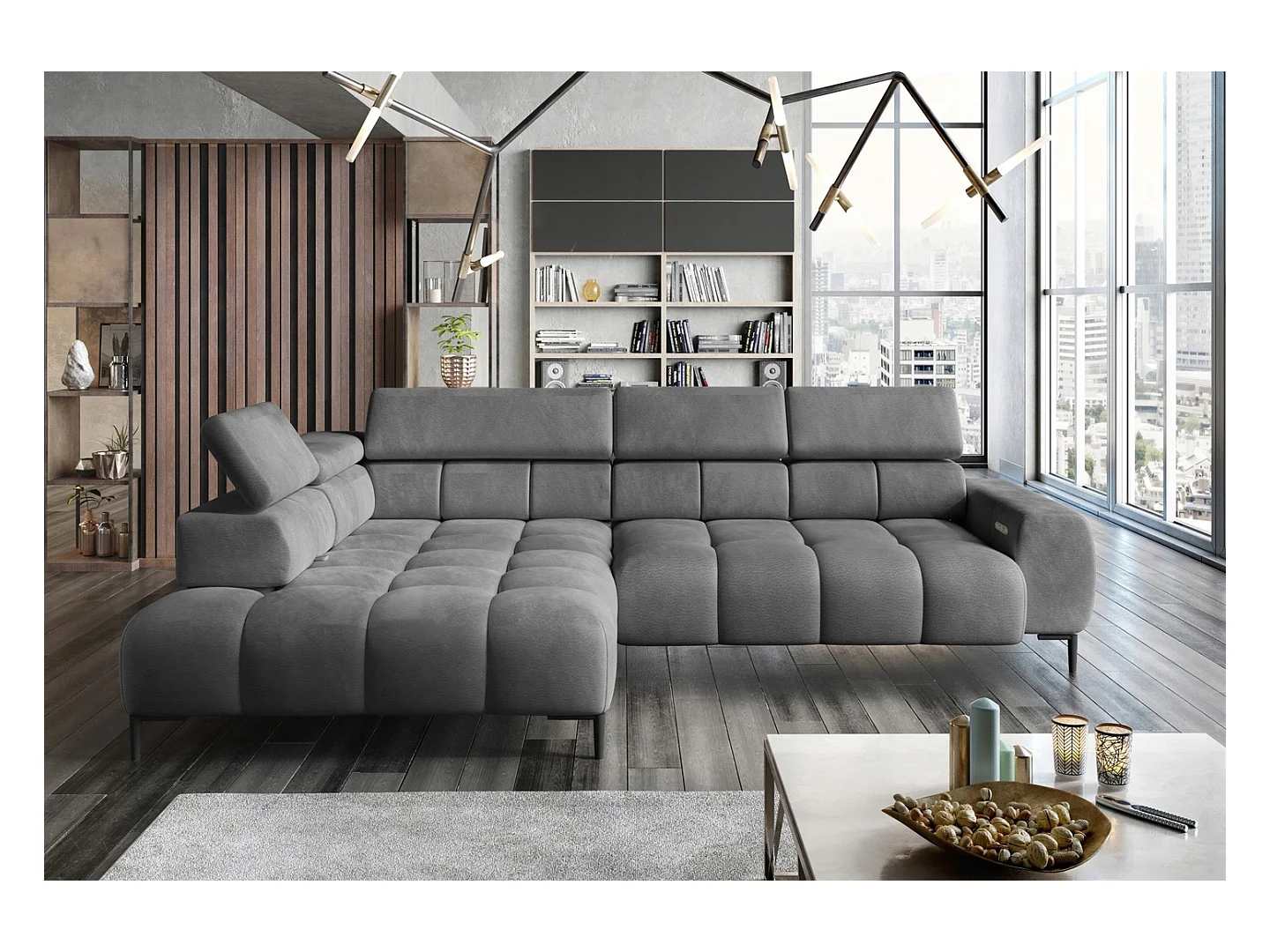 Canapé d'Angle DOMO-HOME PLAZA L Réglage Électrique 300x216cm | Gris Foncé Solar, Droit