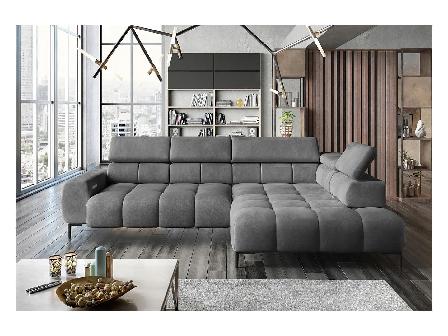 Canapé d'Angle DOMO-HOME PLAZA L Réglage Électrique 300x216cm | Gris Foncé Solar, Droit