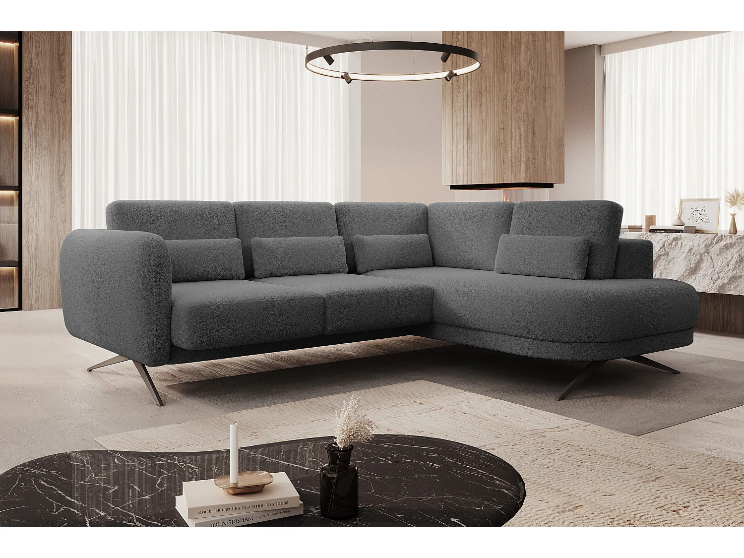 Hoekbank ILUSIO L met slaapfunctie, 250x205cm, verstelbare rugleuning, hoogwaardige materialen, kleur donkergrijs, rechts