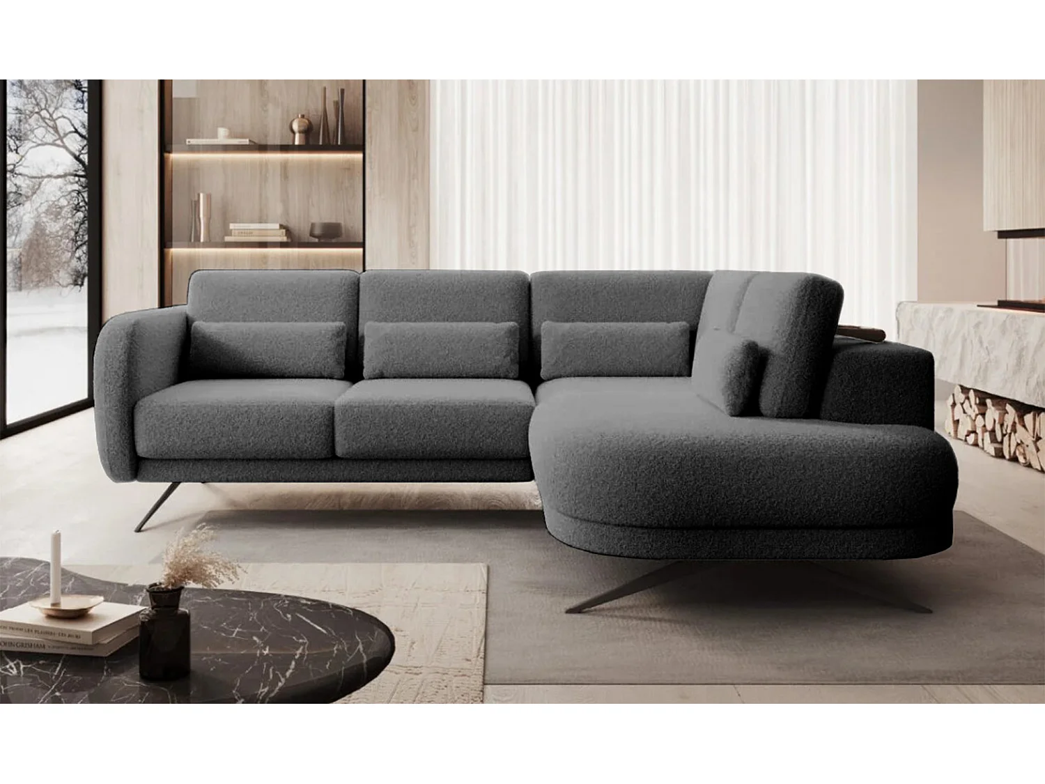 Hoekbank ILUSIO L met slaapfunctie, 250x205cm, verstelbare rugleuning, hoogwaardige materialen, kleur donkergrijs, rechts