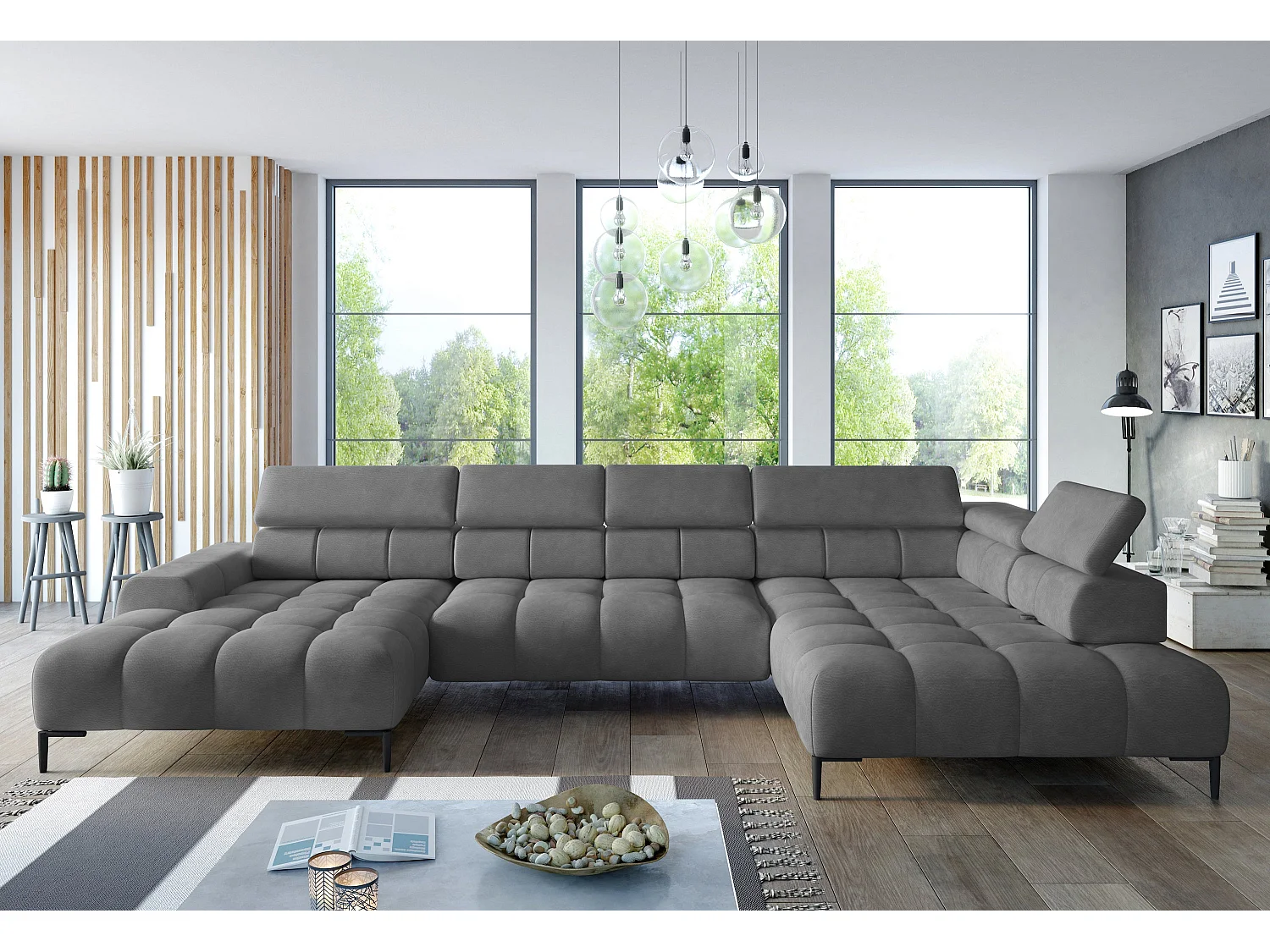 Narożna sofa PLAZA XL – elektryczna, 385x216 cm, kolor Jasnoczarny Solar, układ prawy