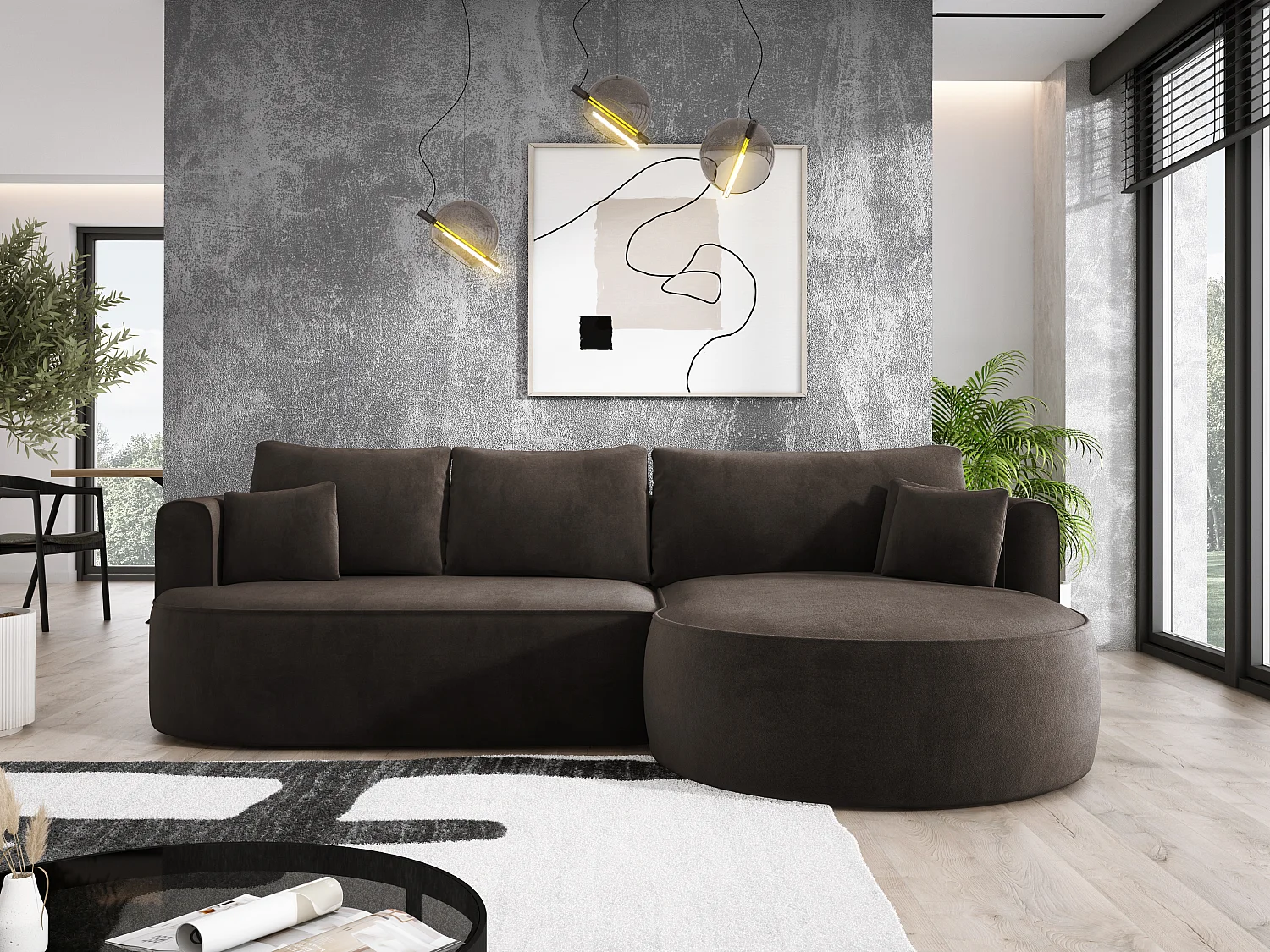 Moderne Ausziehbare Ecksofa FIORE Mit Schlaf-Funktion, Couch mit automatischer Auffaltung, Sofa, Schlafcouch RECHTS 284x183x82cm Braun