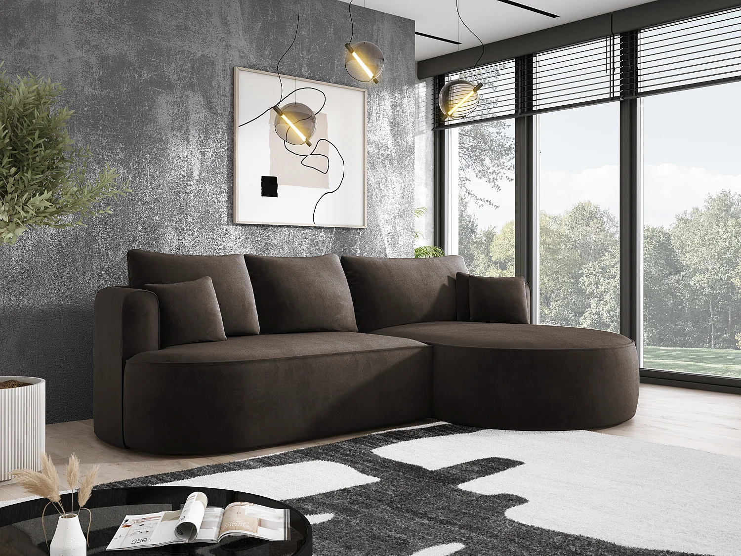 Moderne Ausziehbare Ecksofa FIORE Mit Schlaf-Funktion, Couch mit automatischer Auffaltung, Sofa, Schlafcouch RECHTS 284x183x82cm Braun