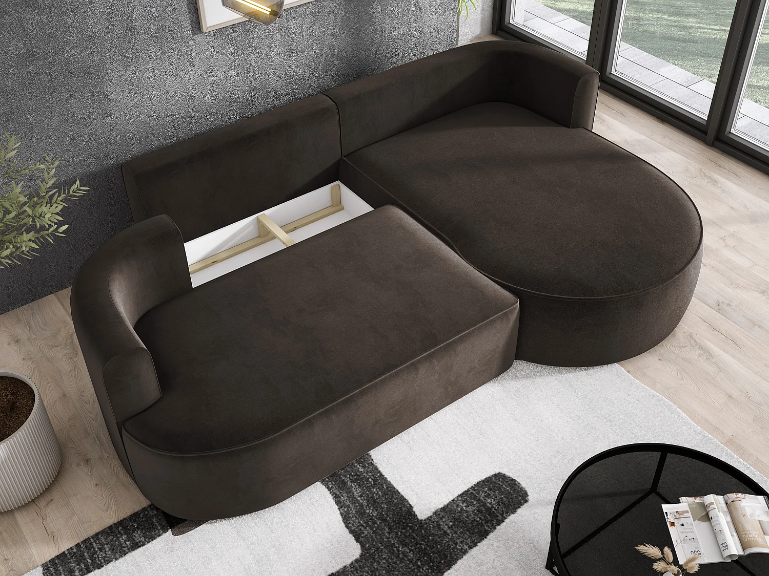 Moderne Ausziehbare Ecksofa FIORE Mit Schlaf-Funktion, Couch mit automatischer Auffaltung, Sofa, Schlafcouch RECHTS 284x183x82cm Braun