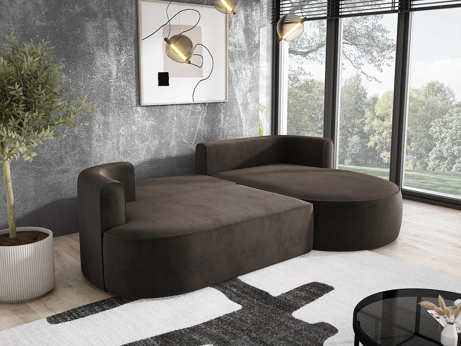 Moderne uitschuifbare hoekbank FIORE met slaapfunctie, bank met automatische ontvouwing, sofa, slaapbank RECHTS 284x183x82cm Bruin