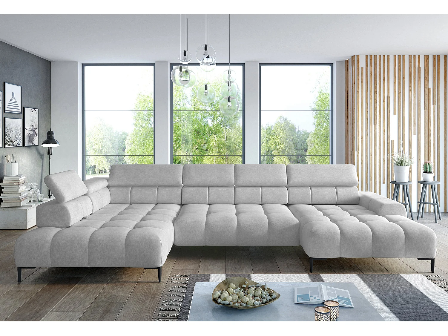 Narożna sofa PLAZA XL – elektryczna, 385x216 cm, kolor Biały Solar, układ prawy