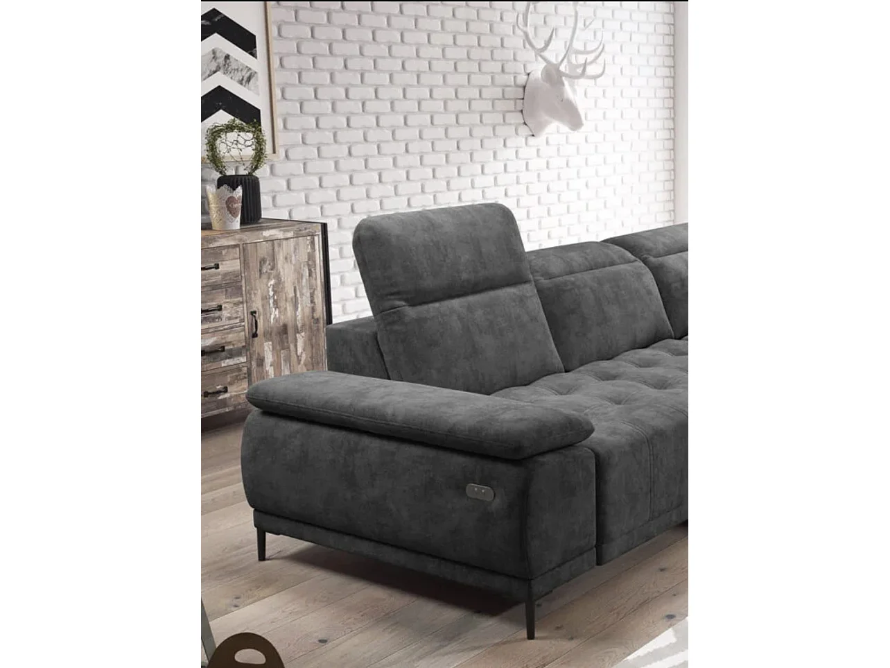 Canapé d'angle U FOCUS XL 352x204 cm, Design moderne, Têtières réglables, Velours luxueux, Option lit, Électrique, Gris foncé, Gauche