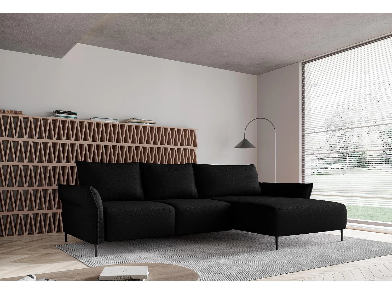 Ecksofa LUIS mit Bettfunktion - Modernes Sofa mit Stauraum 255x165 cm, Boxspring-Sofa, Farbe Schwarz, Rechts.