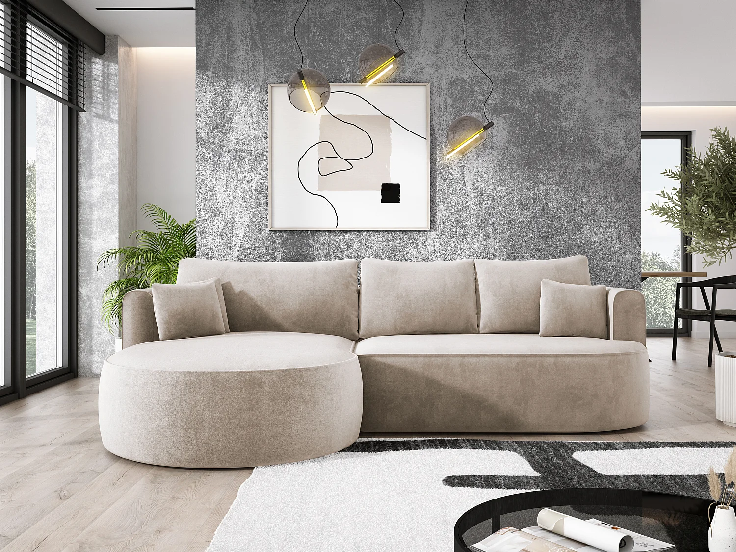 Moderne Ausziehbare Ecksofa FIORE Mit Schlaf-Funktion, Couch mit automatischer Auffaltung, Sofa, Schlafcouch LINKS 284x183x82cm Beige