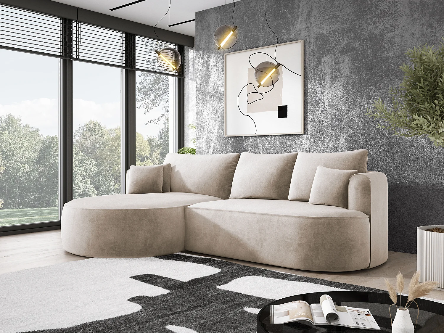 Moderne Ausziehbare Ecksofa FIORE Mit Schlaf-Funktion, Couch mit automatischer Auffaltung, Sofa, Schlafcouch LINKS 284x183x82cm Beige