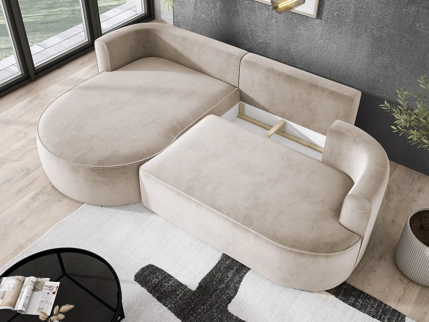 Moderne Ausziehbare Ecksofa FIORE Mit Schlaf-Funktion, Couch mit automatischer Auffaltung, Sofa, Schlafcouch LINKS 284x183x82cm Beige