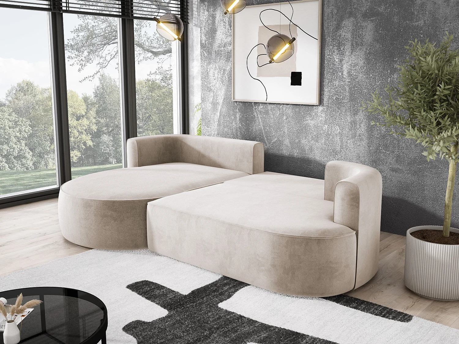 Nowoczesny rozkładany narożnik FIORE z funkcją spania, kanapa z automatycznym rozkładaniem, sofa, wersalka LEWY 284x183x82cm Beżowy