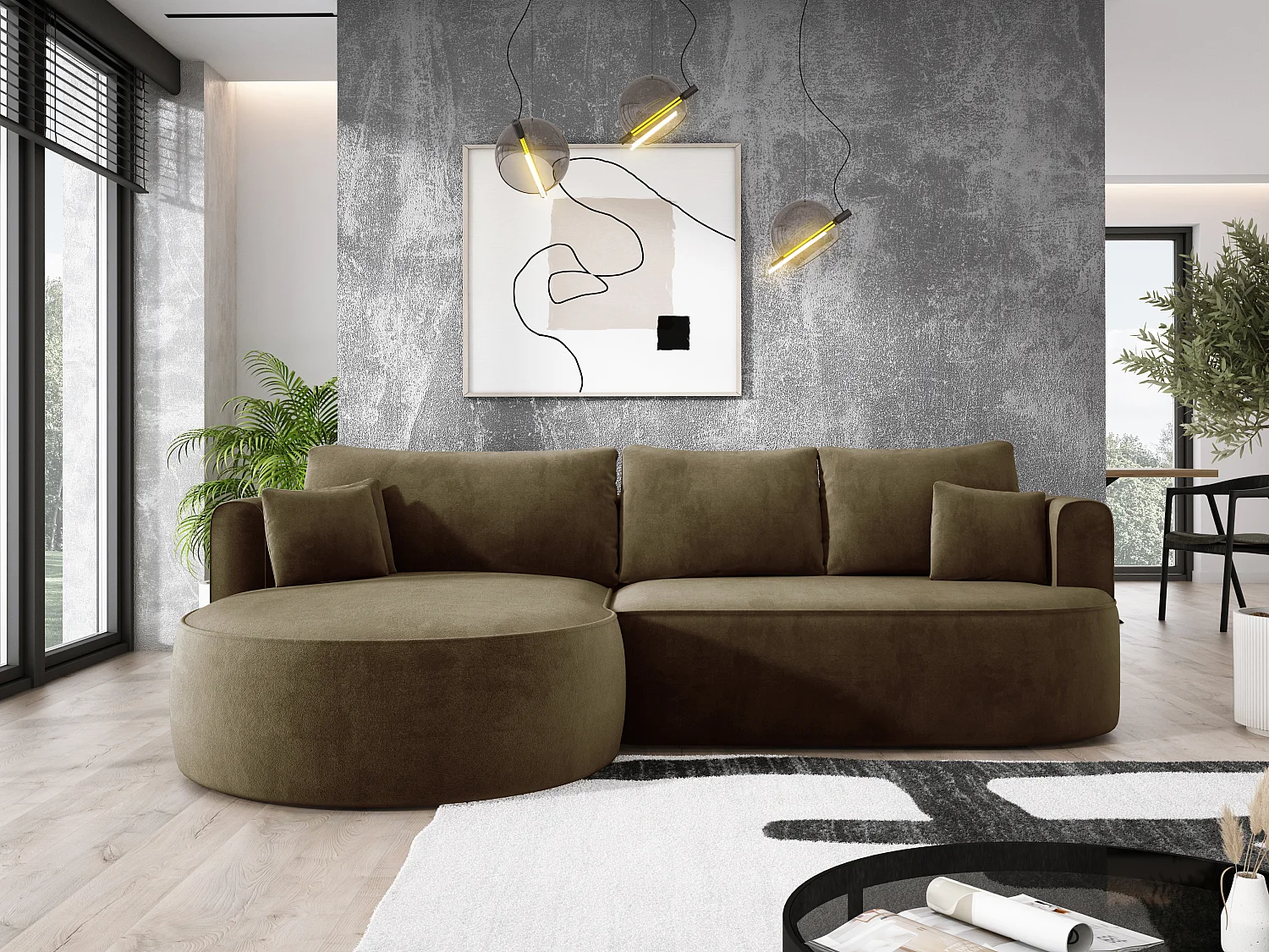 Nowoczesny rozkładany narożnik FIORE z funkcją spania, kanapa z automatycznym rozkładaniem, sofa, wersalka LEWY 284x183x82cm Zielony