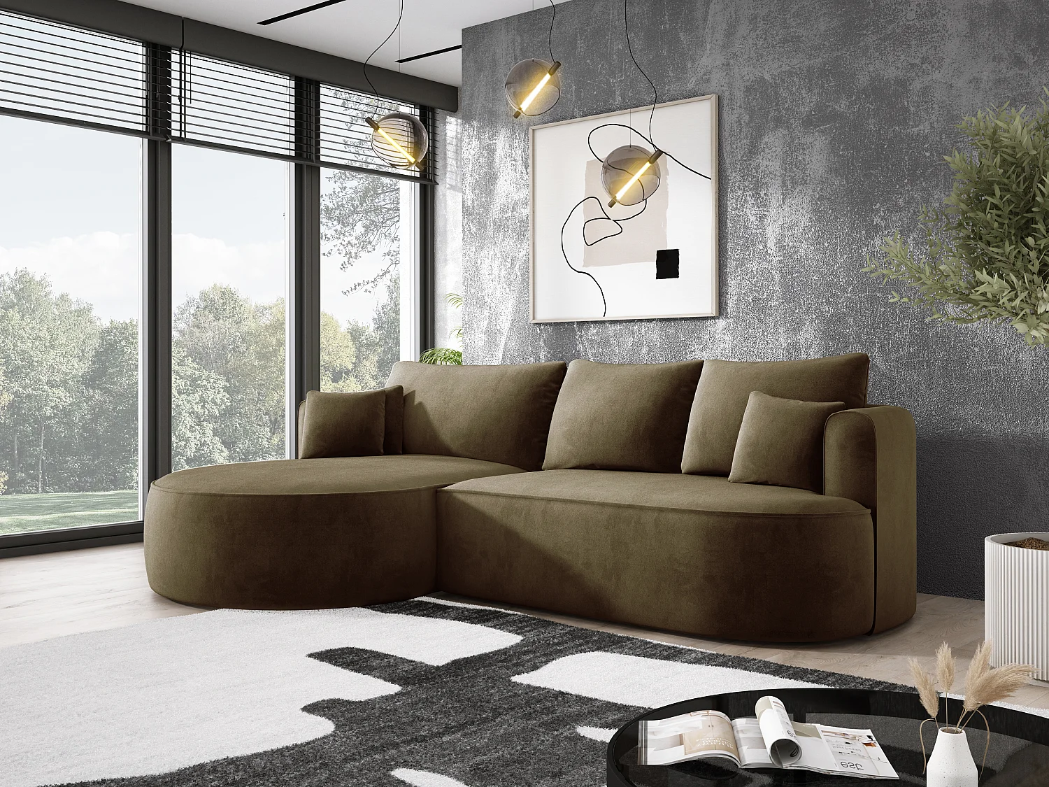 Nowoczesny rozkładany narożnik FIORE z funkcją spania, kanapa z automatycznym rozkładaniem, sofa, wersalka LEWY 284x183x82cm Zielony