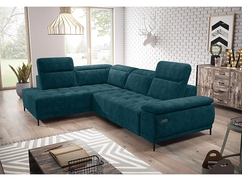 Canapé d'angle U FOCUS XL 352x204 cm, Design moderne, Têtières réglables, Velours luxueux, Option lit, Électrique, Bleu foncé, Gauche