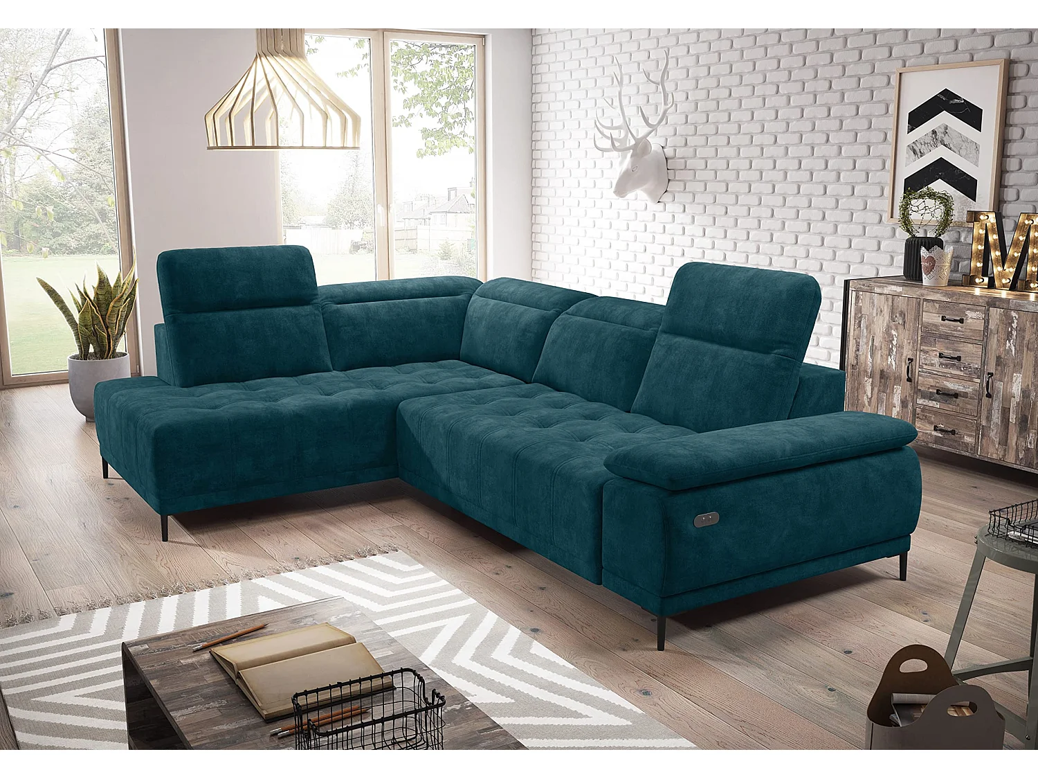 Hoekbank U FOCUS XL 352x204 cm, Modern design, Verstelbare hoofdsteun, Luxe velours, Bed naar keuze, Elektrisch, Donkerblauw, Links