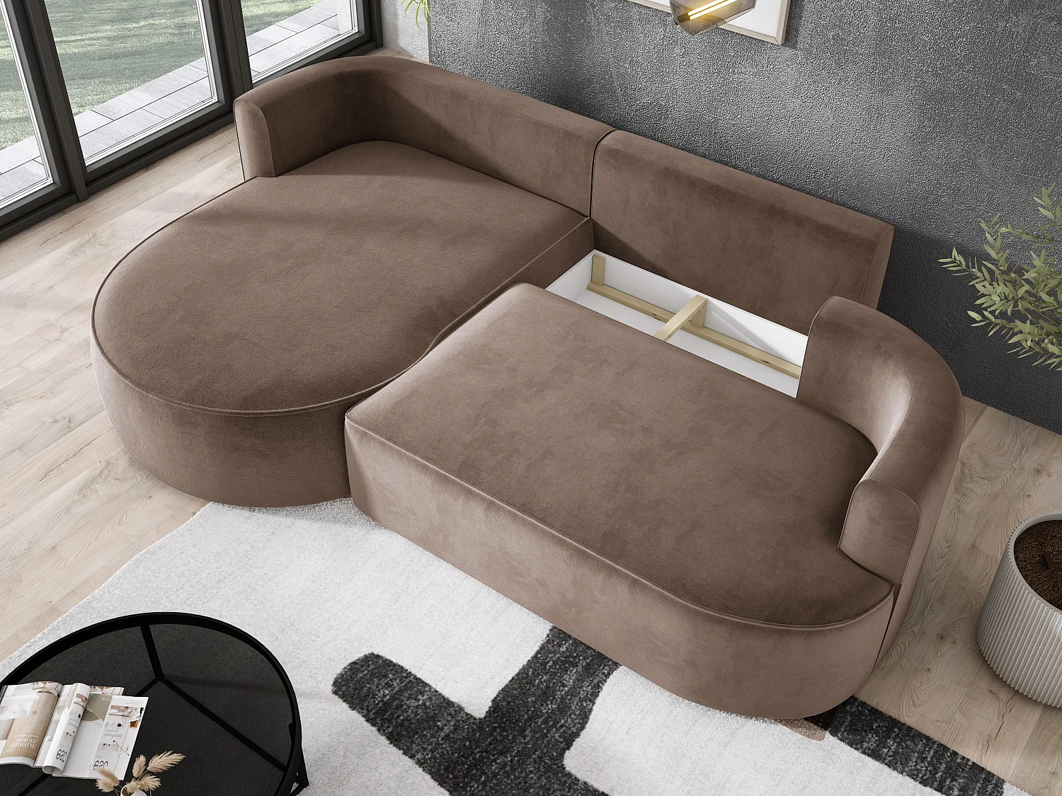 Moderne Ausziehbare Ecksofa FIORE Mit Schlaf-Funktion, Couch mit automatischer Auffaltung, Sofa, Schlafcouch LINKS 284x183x82cm Cappucino