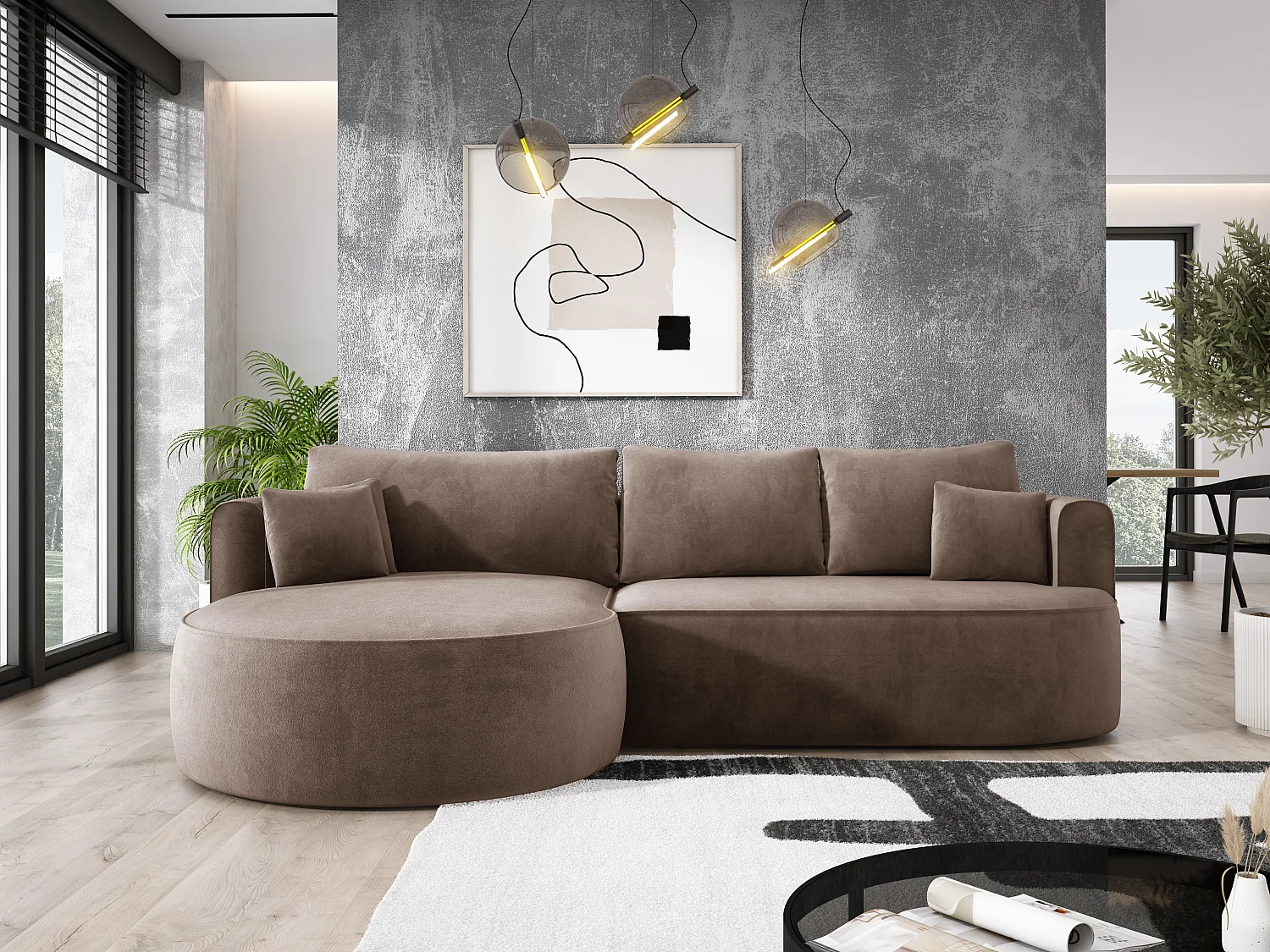 Nowoczesny narożnik rozkładany FIORE z funkcją spania, rozkładany automatycznie, sofa, wersalka LEWY 284x183x82cm Cappuccino