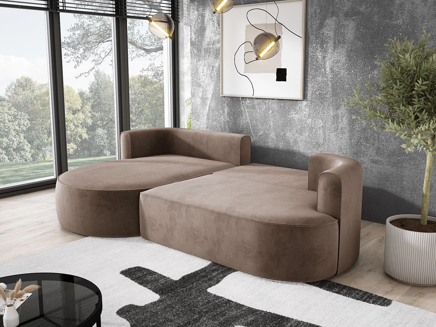 Nowoczesny narożnik rozkładany FIORE z funkcją spania, rozkładany automatycznie, sofa, wersalka LEWY 284x183x82cm Cappuccino