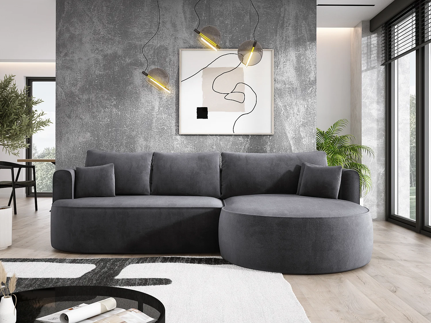 Moderne Ausziehbare Ecksofa FIORE Mit Schlaf-Funktion, Couch mit automatischer Auffaltung, Sofa, Schlafcouch RECHTS 284x183x82cm Grau