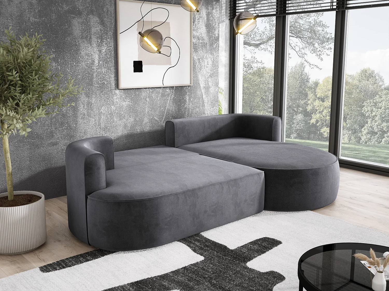 Moderne Ausziehbare Ecksofa FIORE Mit Schlaf-Funktion, Couch mit automatischer Auffaltung, Sofa, Schlafcouch RECHTS 284x183x82cm Grau