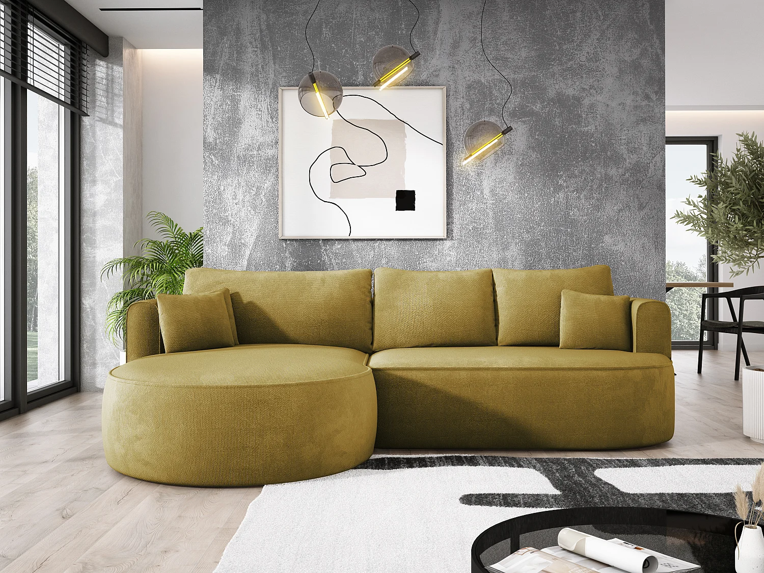 Narożnik rozkładany FIORE z łóżkiem, zawieszenie faliste, skrzynia i 5 poduszek, lewy 284x183x82 cm, jasnozielony