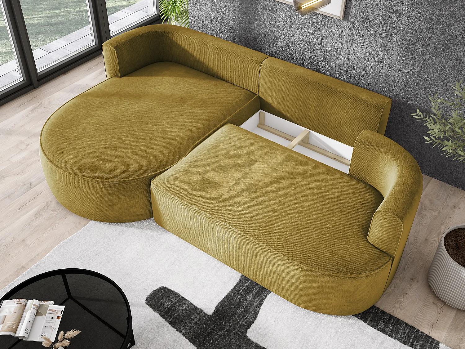 Narożnik rozkładany FIORE z łóżkiem, zawieszenie faliste, skrzynia i 5 poduszek, lewy 284x183x82 cm, jasnozielony