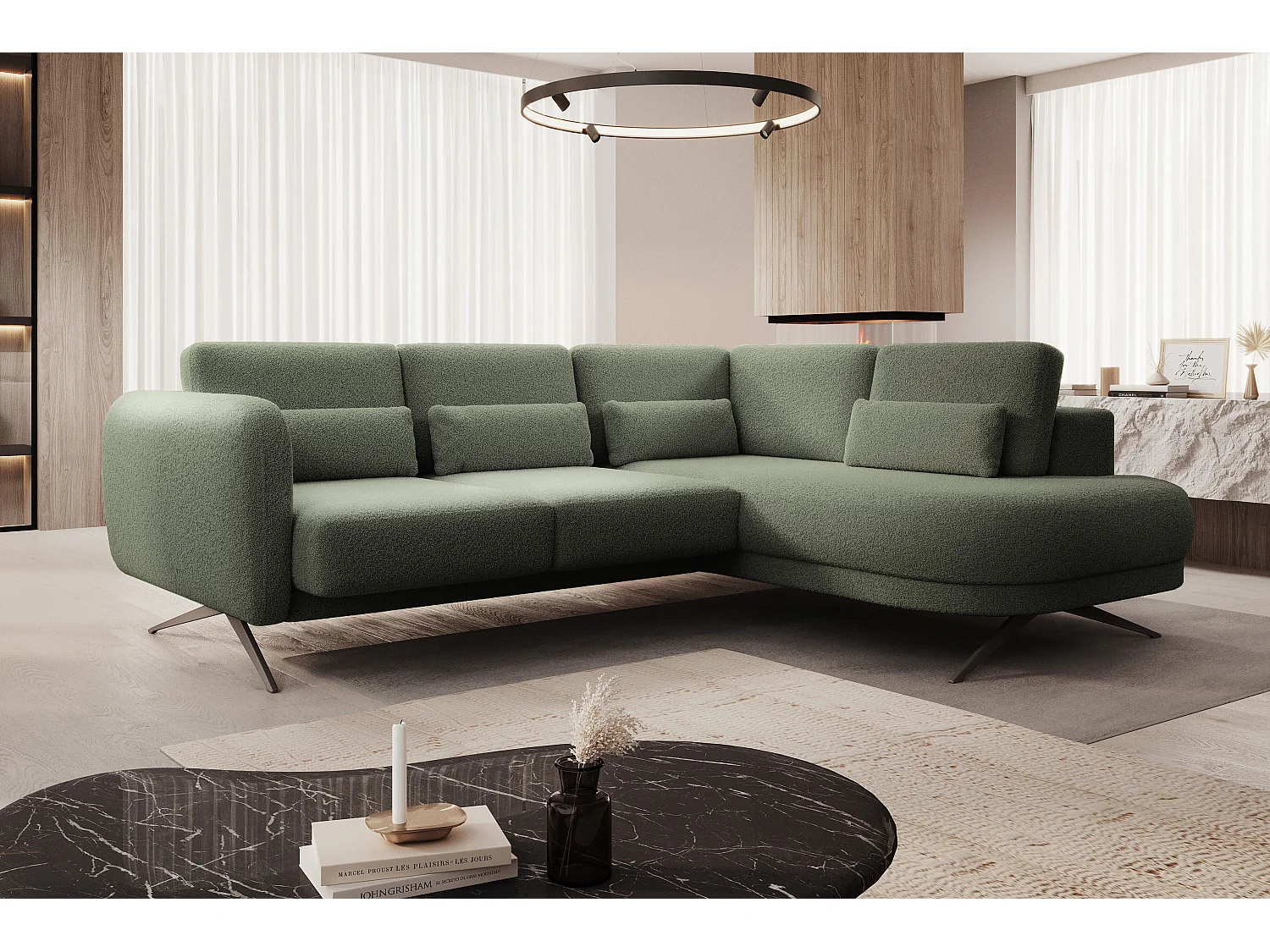 Hoekbank ILUSIO L met slaapfunctie, 250x205cm, verstelbare rugleuning, hoogwaardige materialen, kleur donkergroen, rechts