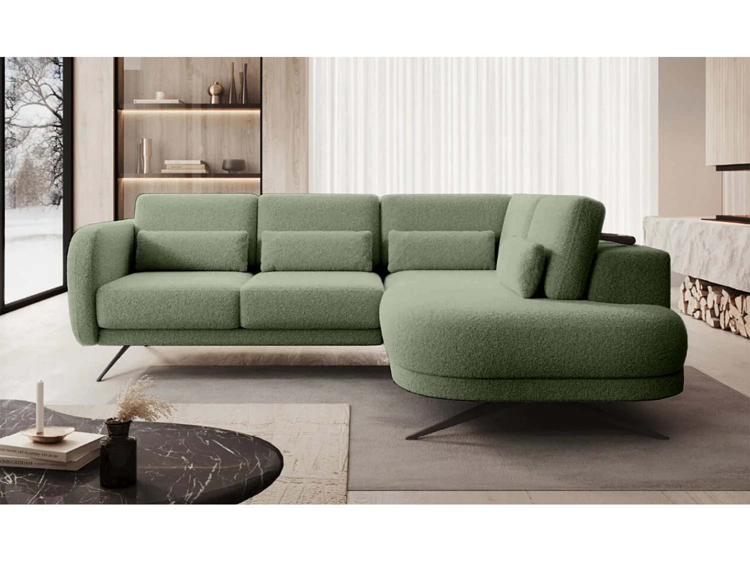 Hoekbank ILUSIO L met slaapfunctie, 250x205cm, verstelbare rugleuning, hoogwaardige materialen, kleur donkergroen, rechts