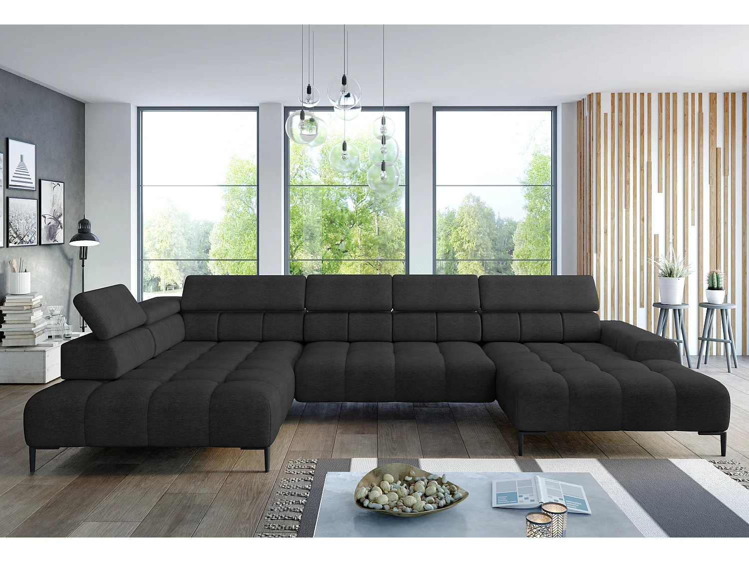 PLAZA XL Sofa narożna z elektryczną leżanką 385x216cm | Nowoczesny design, czarny, lewy