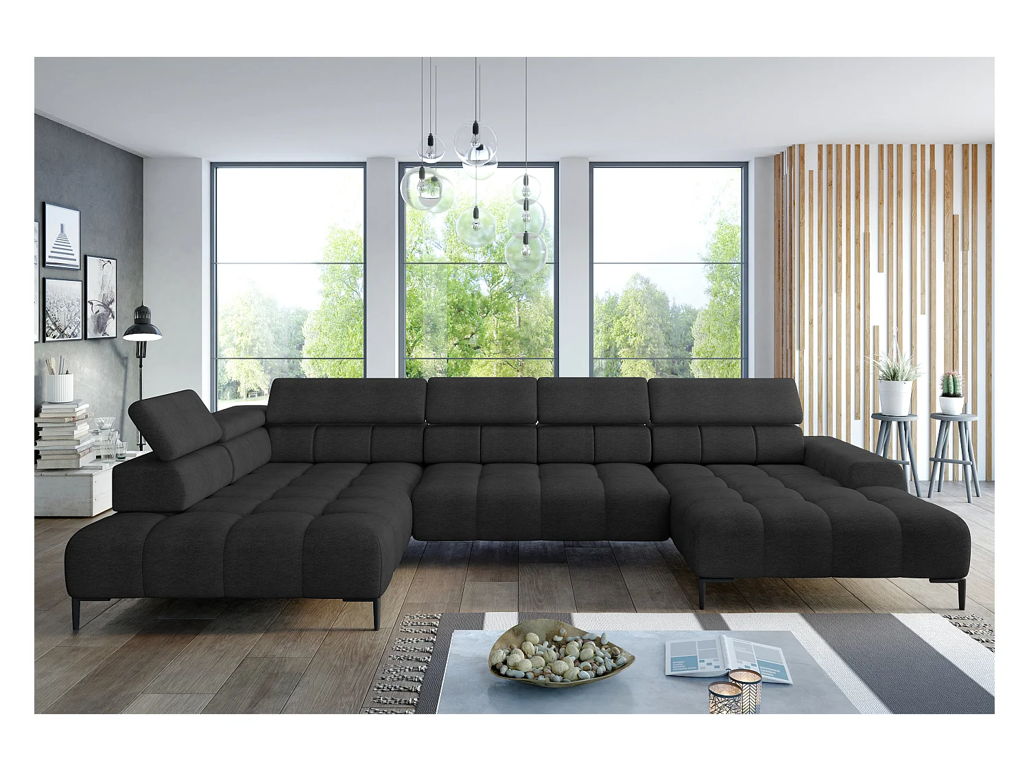 Canapé d'Angle PLAZA XL avec Relaxation Électrique 385x216cm | Design Moderne, Noir, Gauche