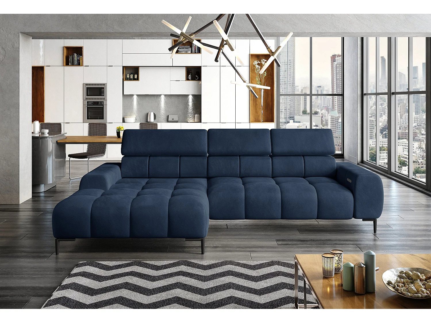 Sofa narożna PLAZA Mini elektryczna 270x177cm | beż słoneczny, ciemnoniebieski, prawa