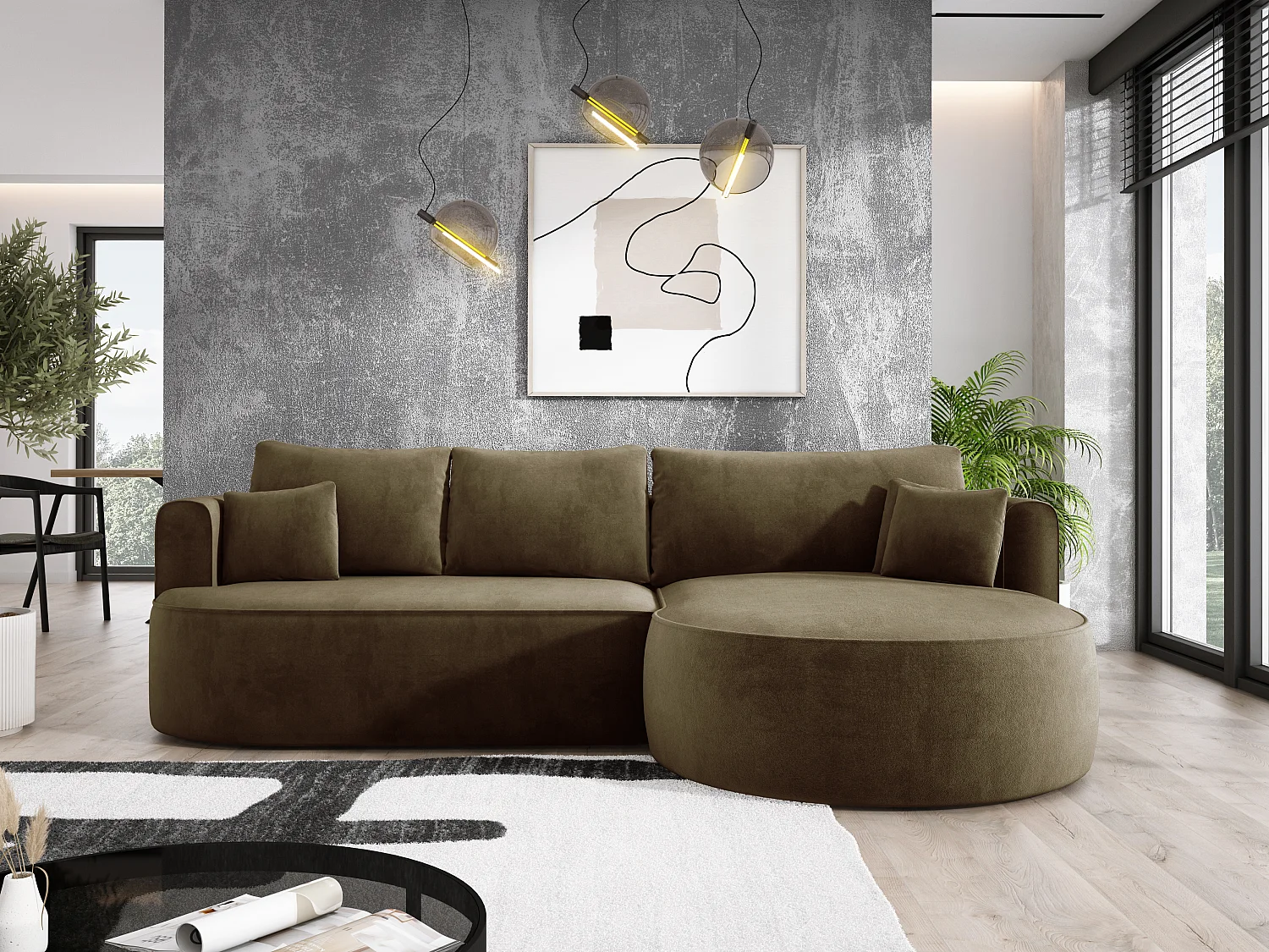 Moderne uitschuifbare hoekbank FIORE met slaapfunctie, bank met automatische ontvouwing, sofa, slaapbank RECHTS 284x183x82cm Groen