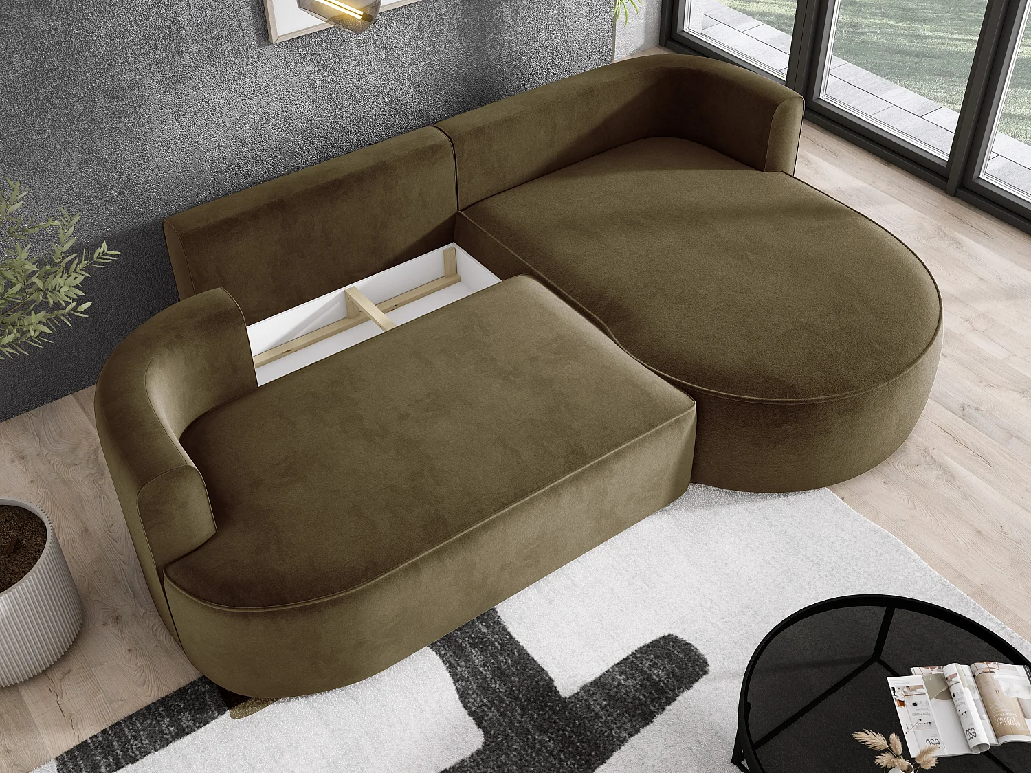 Moderne uitschuifbare hoekbank FIORE met slaapfunctie, bank met automatische ontvouwing, sofa, slaapbank RECHTS 284x183x82cm Groen