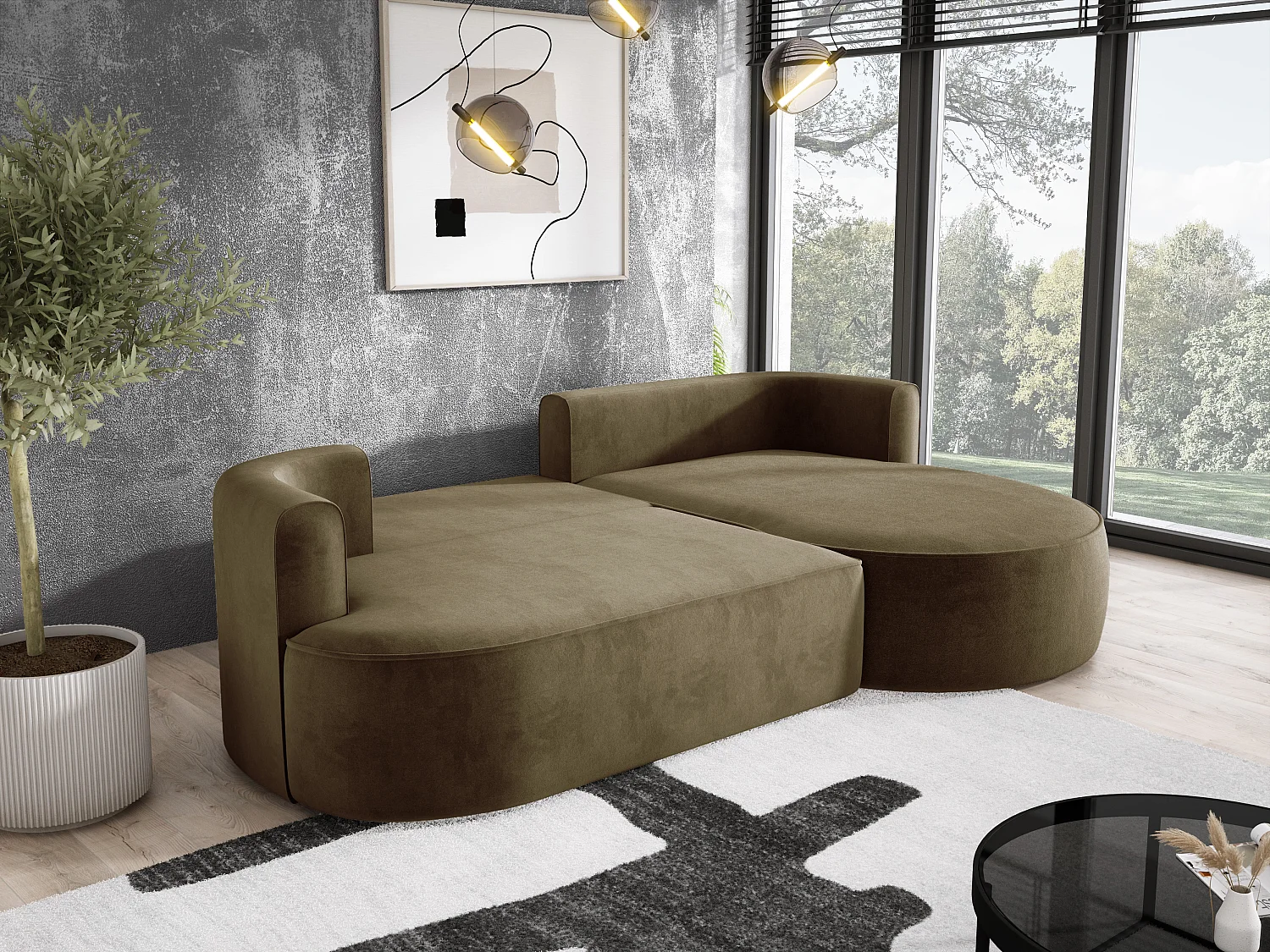 Moderne uitschuifbare hoekbank FIORE met slaapfunctie, bank met automatische ontvouwing, sofa, slaapbank RECHTS 284x183x82cm Groen