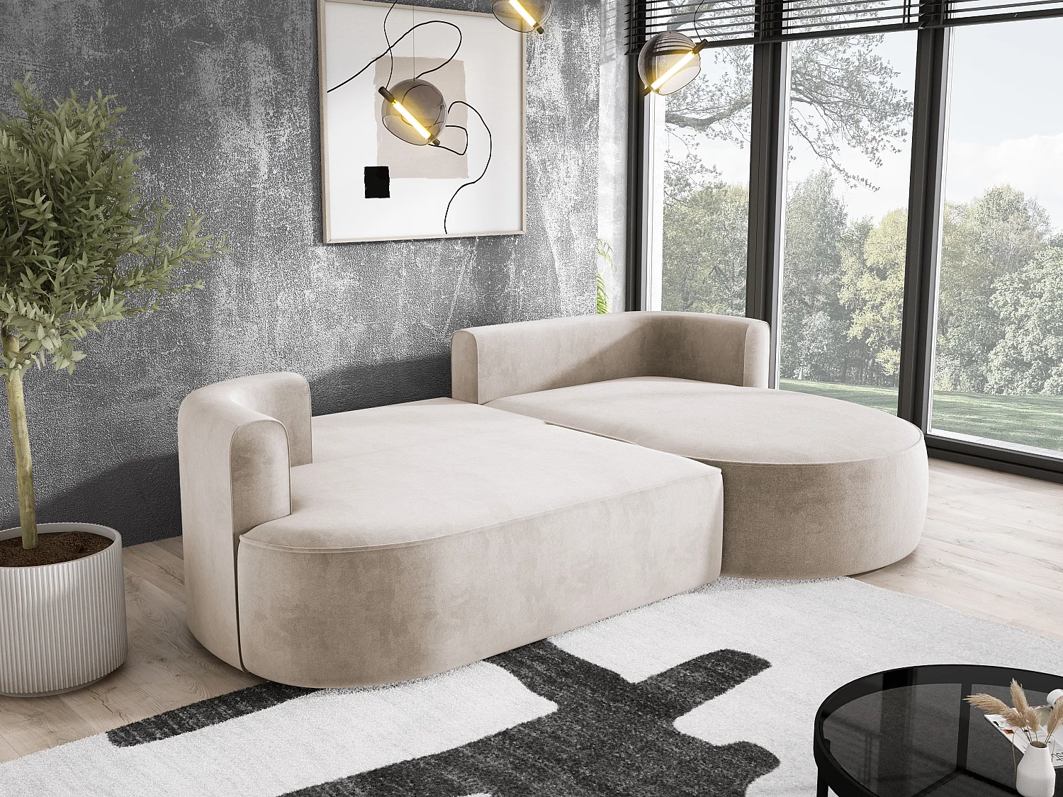 Moderne Ausziehbare Ecksofa FIORE Mit Schlaf-Funktion, Couch mit automatischer Auffaltung, Sofa, Schlafcouch RECHTS 284x183x82cm Beige