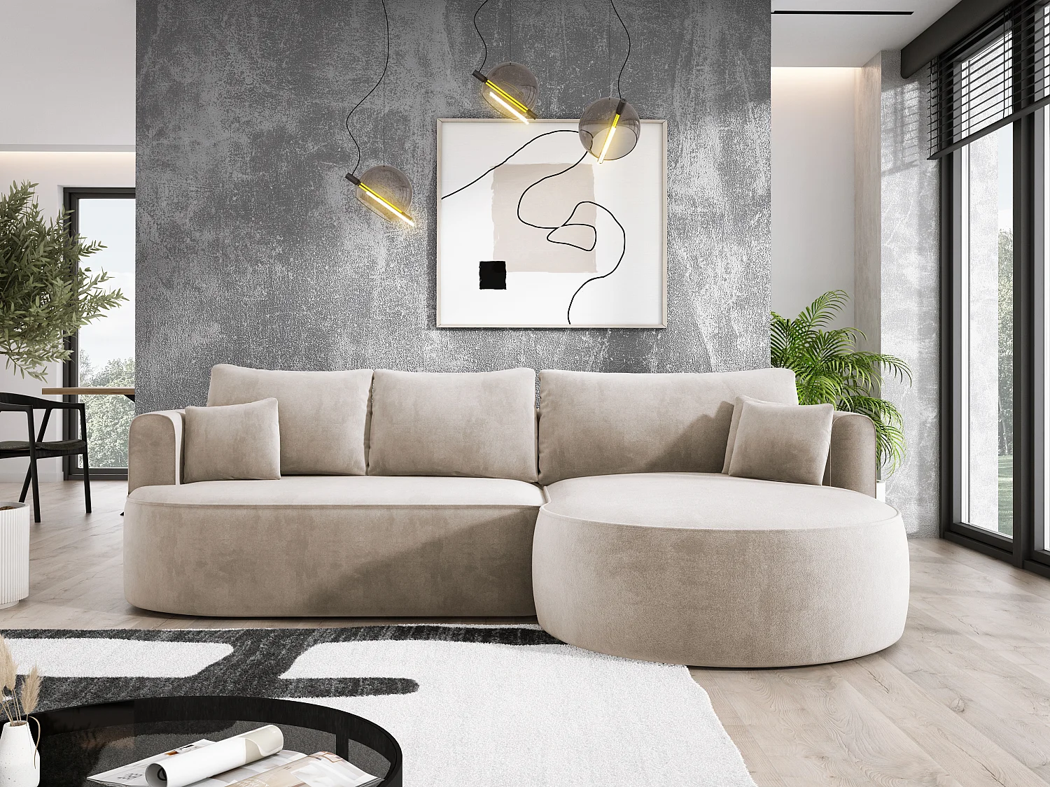 Moderne Ausziehbare Ecksofa FIORE Mit Schlaf-Funktion, Couch mit automatischer Auffaltung, Sofa, Schlafcouch RECHTS 284x183x82cm Beige
