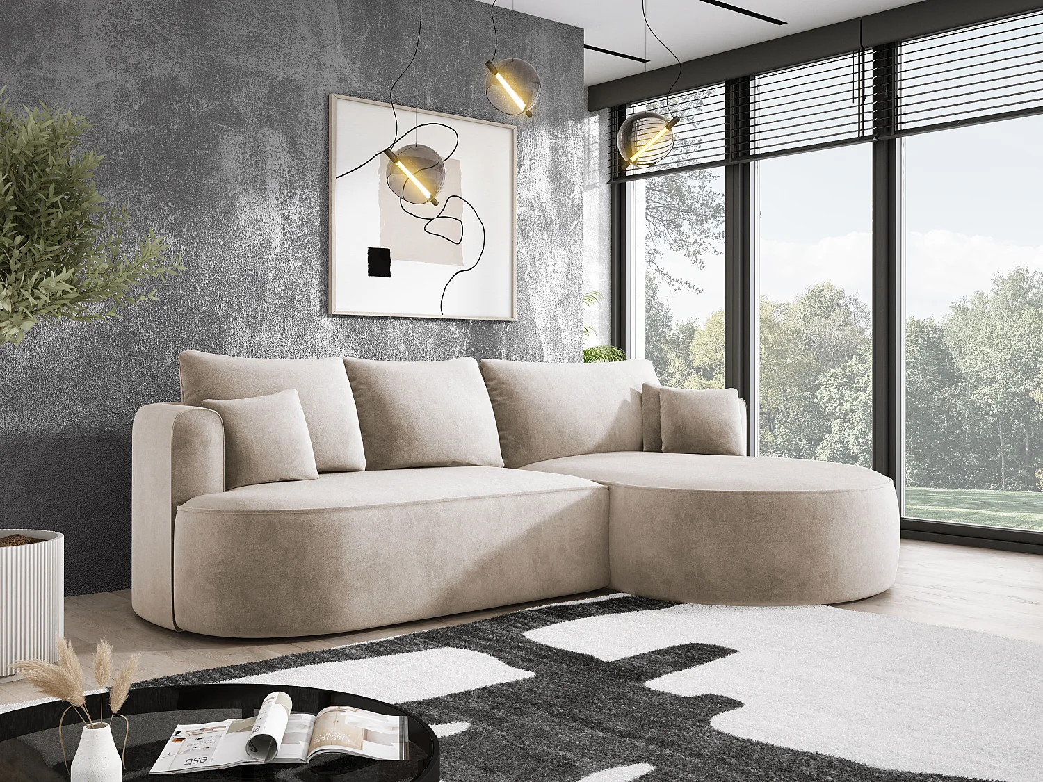 Moderne Ausziehbare Ecksofa FIORE Mit Schlaf-Funktion, Couch mit automatischer Auffaltung, Sofa, Schlafcouch RECHTS 284x183x82cm Beige