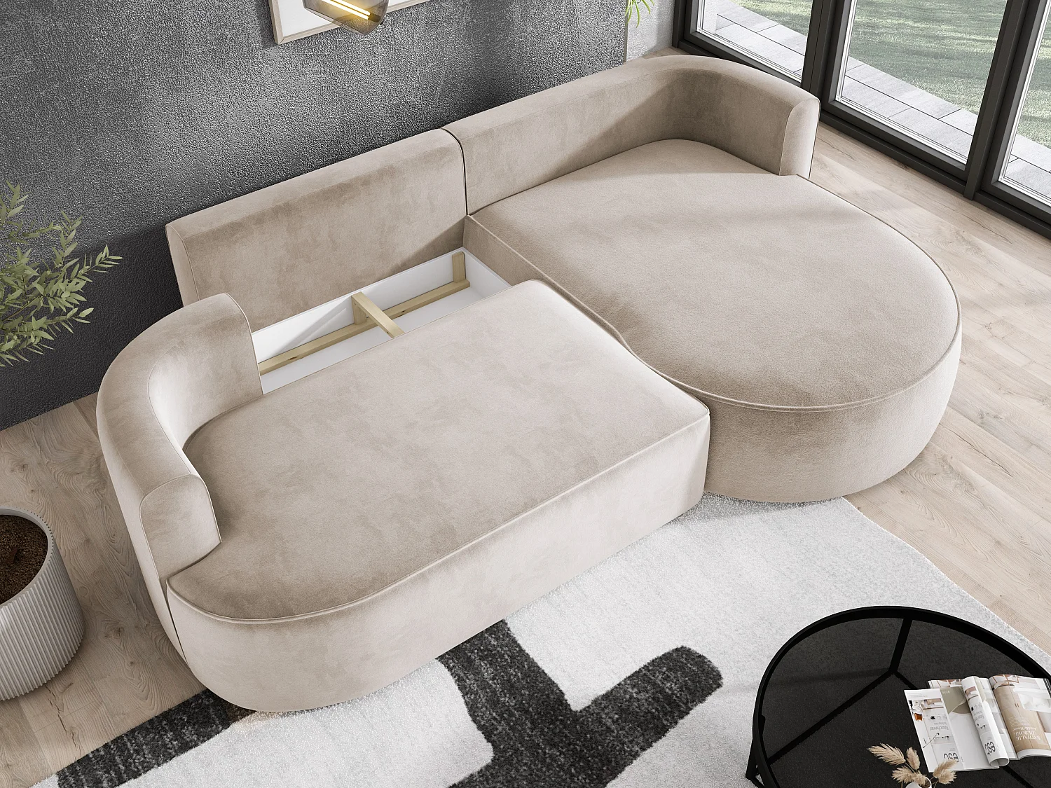 Moderne Ausziehbare Ecksofa FIORE Mit Schlaf-Funktion, Couch mit automatischer Auffaltung, Sofa, Schlafcouch RECHTS 284x183x82cm Beige