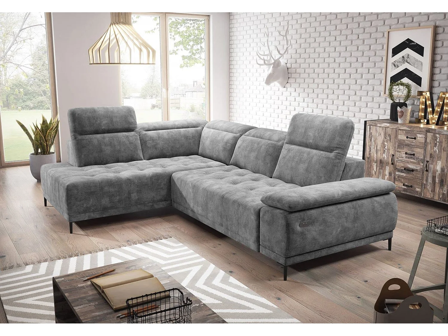 Canapé d'angle U FOCUS XL 352x204 cm, Design moderne, Têtières réglables, Velours luxueux, Option lit, Électrique, Gris clair, Gauche